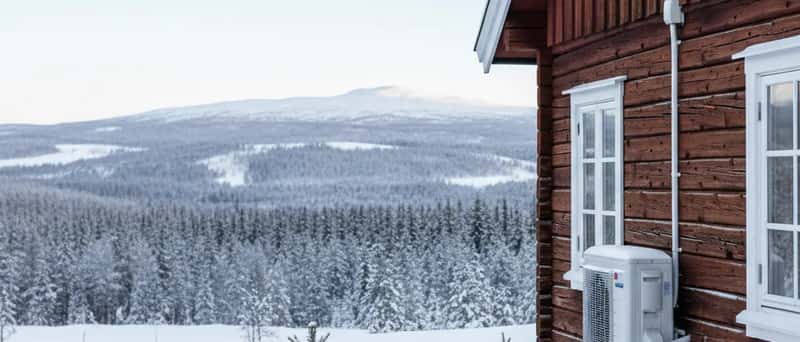 Moderne varmepumpe montert på yttervegg av norsk trehus med snølandskap i bakgrunnen