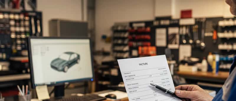 Sundurliðaður reikningur frá bílaverkstæði sem sýnir vinnulaun og varahlutaverð í íslenskum krónum