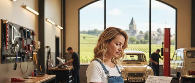 Íslensk kona ræðir viðgerðarkostnað við bifvélavirka á verkstæði í Reykjavík