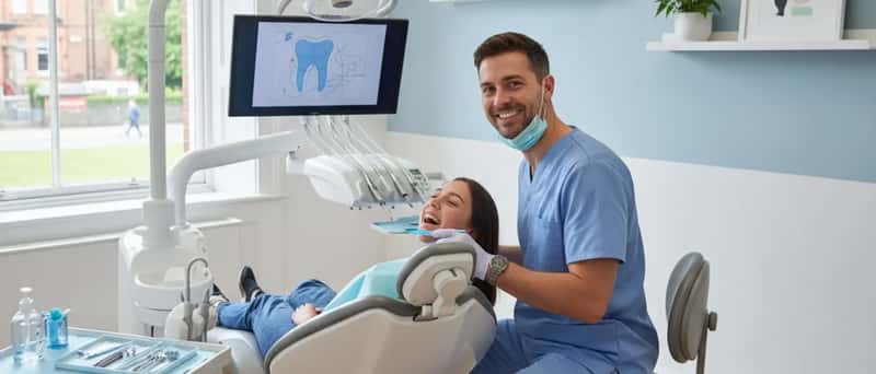 Dentist in blue scrubs examining a patient in a bright modern dental surgery in England