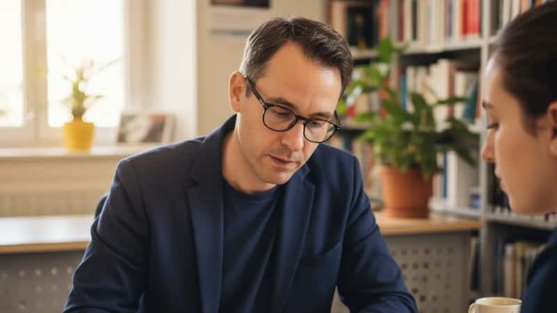 Conseiller universitaire français montrant les passerelles entre filières à un étudiant dans son bureau