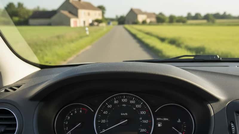 Tableau de bord d'une voiture moderne affichant le régime moteur à 1800 tr/min et l'indicateur éco-conduite activé, lumière naturelle de jour