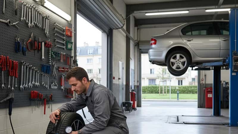 Mécanicien français en combinaison grise vérifiant la pression des pneus avec un manomètre dans un garage de banlieue parisienne, voiture sur pont élévateur en arrière-plan, éclairage fluorescent d'atelier