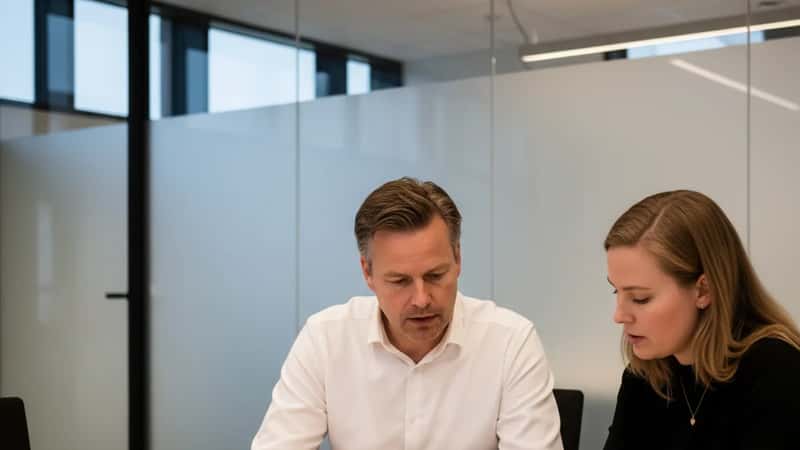 En HR-medarbejder i Odense og en statsansat gennemgår pensionsbidragstabel ved et birketræsbord i et moderne offentligt kontor