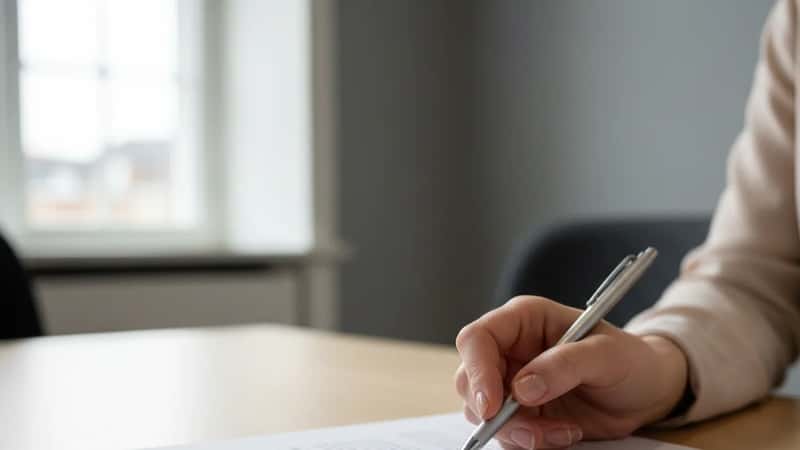Nærbillede af en statsansat kvinde i Aalborg der gennemgår forsikringsbetingelser i et pensionsdokument med blyant, naturligt vinduelys fra venstre