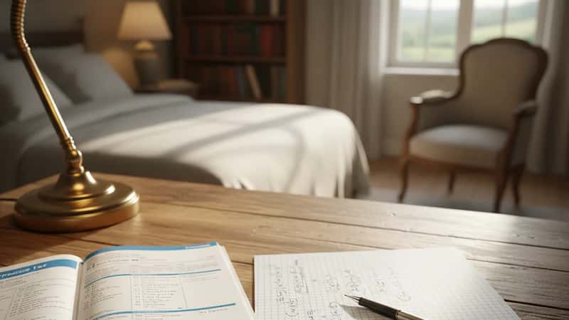 SAT practice test booklet with handwritten calculations on graph paper in an American student's study space
