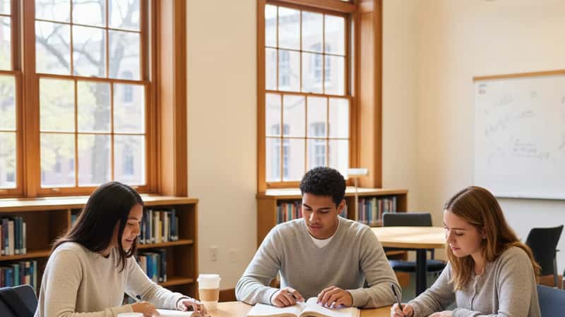Three high school students collaborating on homework at a round table in a bright American library study room with books and laptops