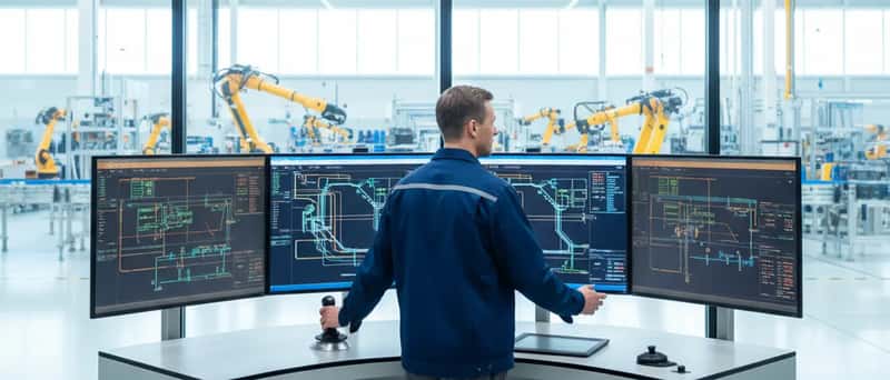 Automaatioinsinööri työskentelemässä teollisuuden SCADA-ohjauspaneelin äärellä suomalaisessa tehtaassa