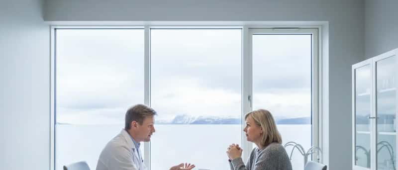 Norsk lege i hvit frakk som forklarer behandlingsalternativer til en pasient på en moderne privatklinikk