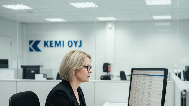 Suomalainen palkanlaskija tarkistaa palkkaerittelyjä kemian yrityksen kirjanpito-osastolla Tampereella
