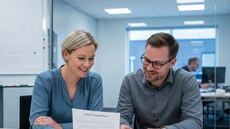 Dansk kvinde og mandlig kollega gennemgår en flektidsaftale ved et konferencebord i en HR-afdeling på en industrivirksomhed i Aarhus