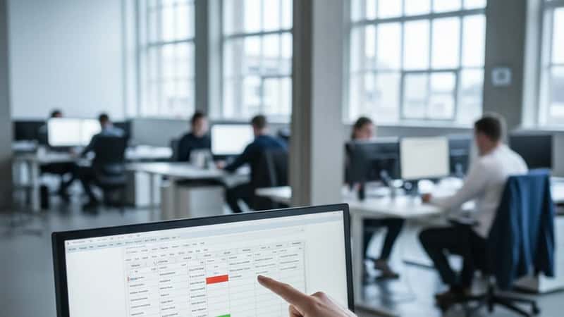 Nærbillede af hænder der peger på en digital tidsregistreringsskærm i et kontor på en industrivirksomhed i Vejle