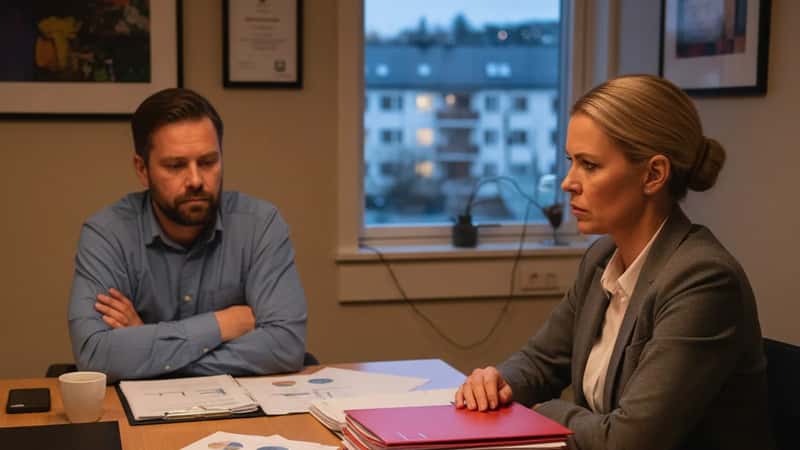 Norsk arbeidsgiver og ansatt i formelt oppsigelsesmøte i møterom i Oslo med dokumenter mellom dem