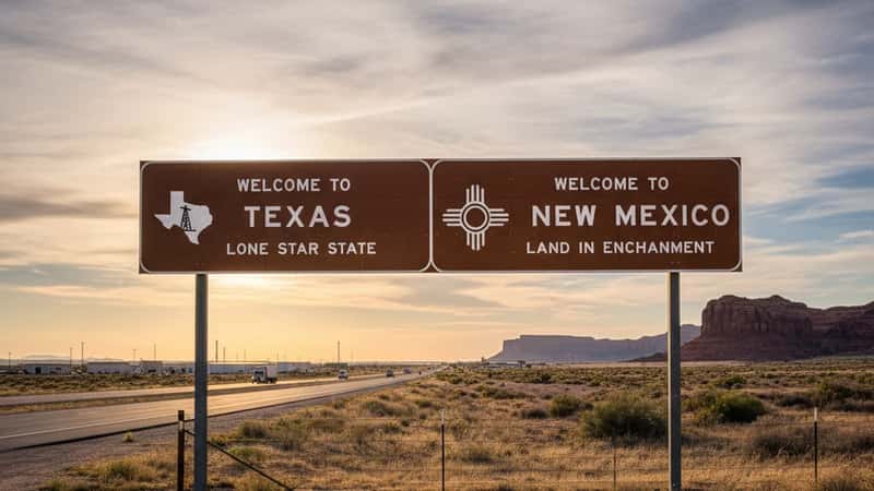 West Texas desert highway sign at the Texas-New Mexico state border showing geographic and economic contrast between neighboring states