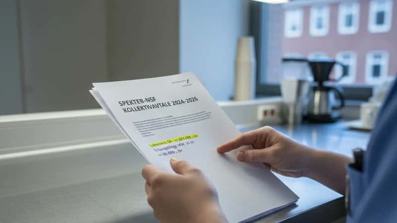 Sykepleier i Trondheim gjennomgår Spekter-NSF tariffavtale i klinisk pauserom
