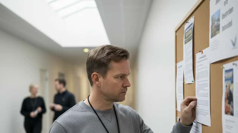 Dansk folkeskolelærer gennemgår DLF-opslag om OK26 på opslagstavle i skolekorridor i Odense