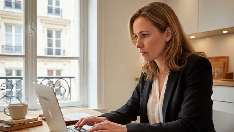 Kvinna granskar pensionsinformation på laptop vid köksbordet i Örebro, försäkringshandlingar utspridda