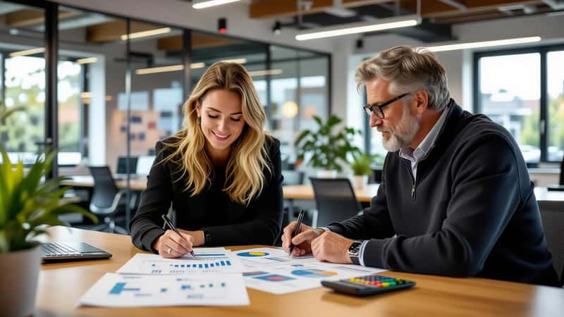 Qredits-coach en starter bekijken financiële prognoses samen in een Utrecht business incubator
