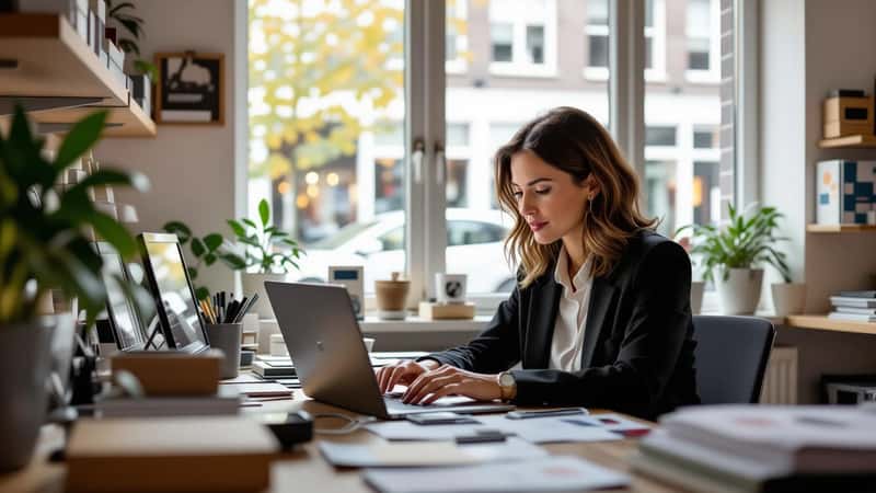 Nederlandse onderneemster in Tilburg berekent aflossingsplan op laptop in achterkamer van haar winkel