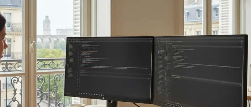 Informaticien freelance travaillant sur un double écran avec du code dans un bureau à domicile parisien
