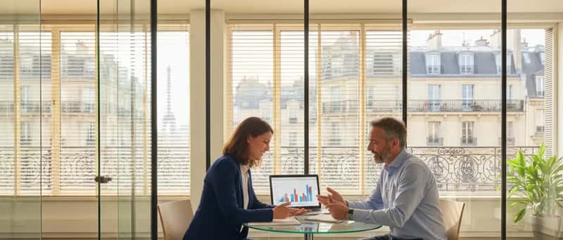 Consultante IT freelance présentant un projet à un client dans un bureau moderne