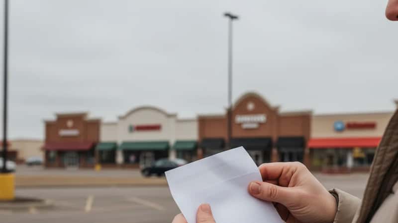 North Dakota retail worker's hands opening a final paycheck envelope in a Dickinson parking lot, overcast gray winter sky, moment of checking final wages