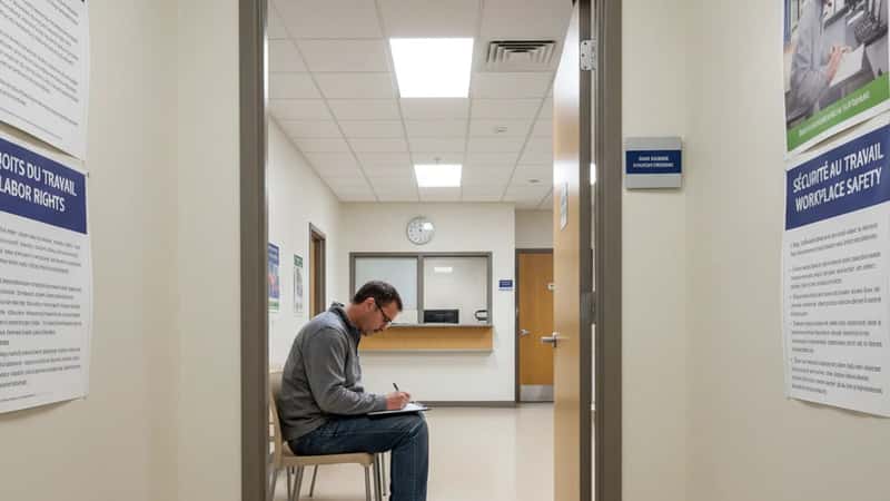 Man filling out a wage claim form at the North Dakota Department of Labor office in Fargo, fluorescent institutional lighting, labor law posters on the wall