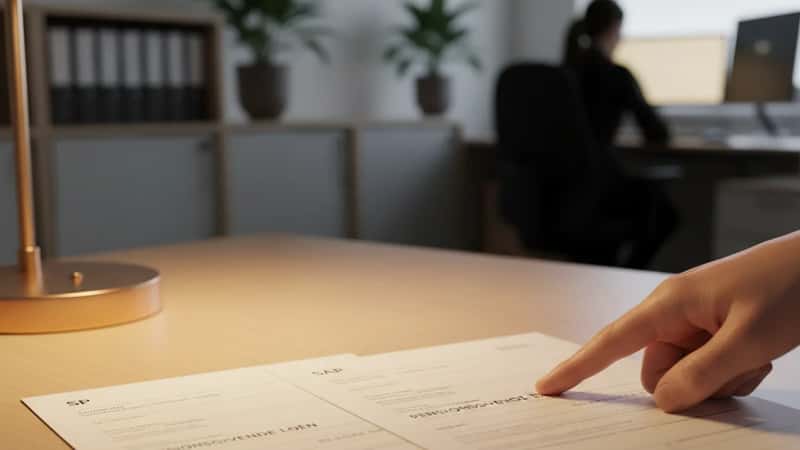 To pensionskvartalsopgørelser fra SP og SAP sammenlignet side om side på HR-kontor i Vejle med varm lampe