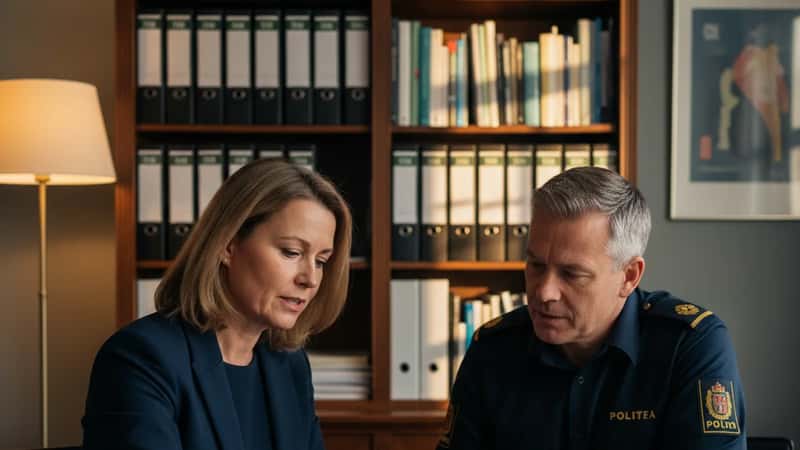 Pensionsrådgiver i Kolding forklarer pensionsberegning for politibetjent ved kontorskrivebord med varm lampelys