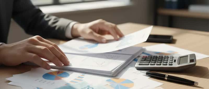 Consultor financeiro analisando documentos patrimoniais com um casal em escritório moderno em São Paulo