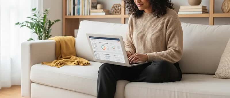 Jovem brasileira revisando seu portfólio de investimentos e documentos de propriedade em laptop