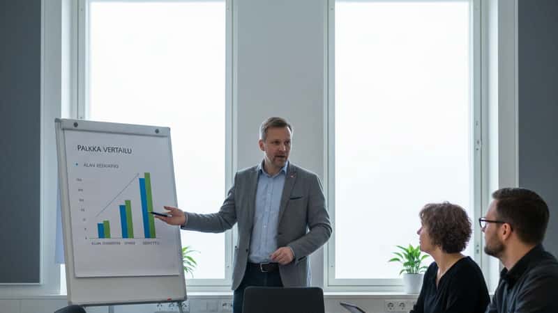 Tampereen ammattiliiton kokoustilassa esitellään KVTES-palkkavertailua taululla