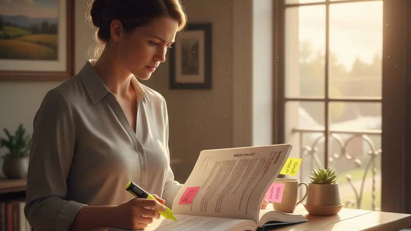 HR manager reviewing printed employee handbook break policy at a Montana office standing desk, yellow highlighter and post-it notes, afternoon light