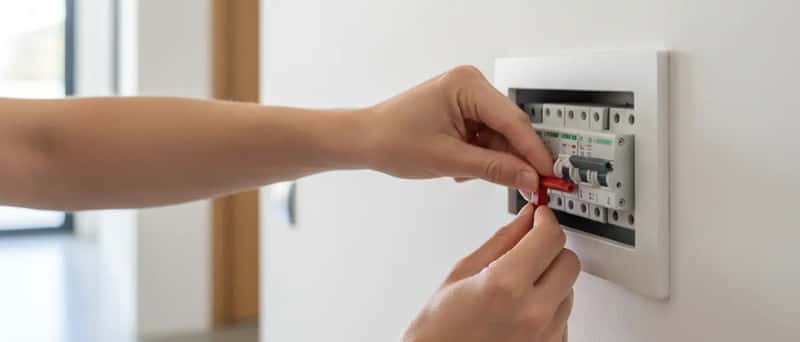 Mano che spegne l'interruttore generale del quadro elettrico domestico