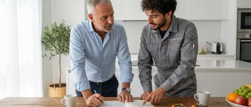 Elettricista italiano che mostra un documento di conformità a un cliente in cucina