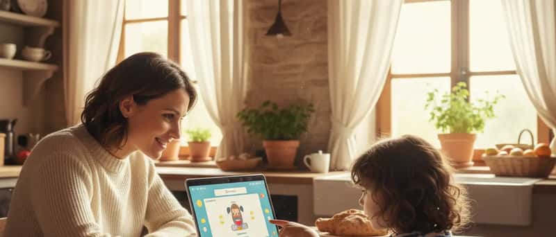Genitore e bambino seduti al tavolo della cucina durante una lezione online