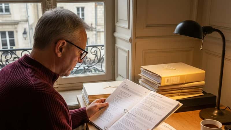 HR manager reviewing a Vermont employment policy binder at a Montpelier office desk under warm tungsten lamplight