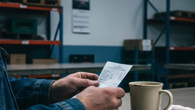 Worker reviewing a printed paycheck stub under fluorescent break room lighting at a Vermont warehouse, candid documentary moment