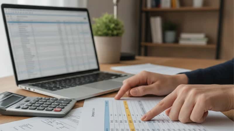 Mains d'une micro-entrepreneuse pointant des seuils TVA sur un tableau financier dans un bureau à Bordeaux