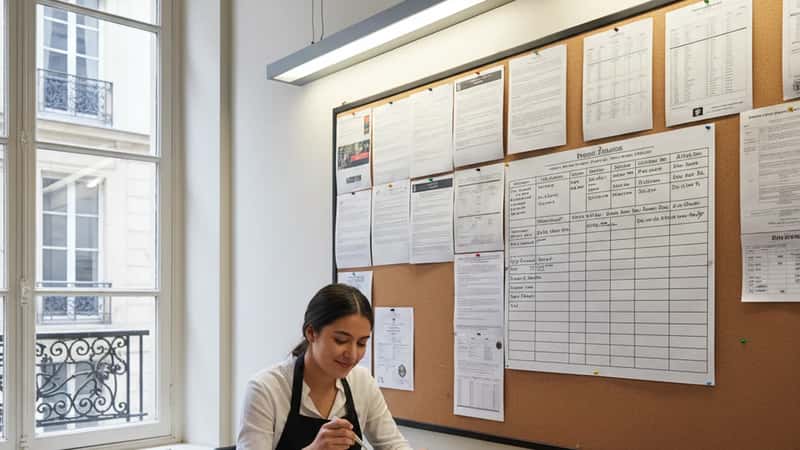 Restaurant break room in Oklahoma City with Hispanic female server eating lunch, break schedule visible on bulletin board, fluorescent lighting