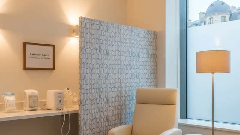 Designated lactation room in a Tulsa corporate office building, comfortable chair and privacy screen, warm lighting, employer compliance focus