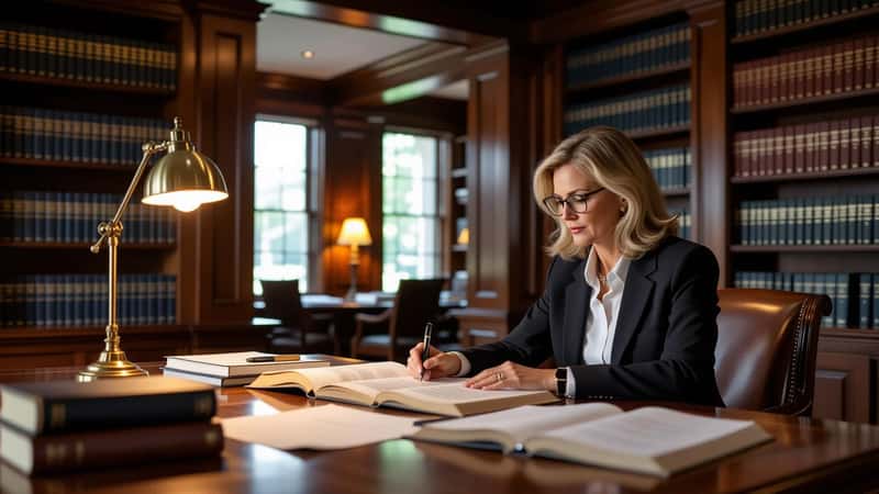 West Virginia employment lawyer annotating multiple legal volumes at an oak research table in a Charleston law library, blue-hour interior lighting