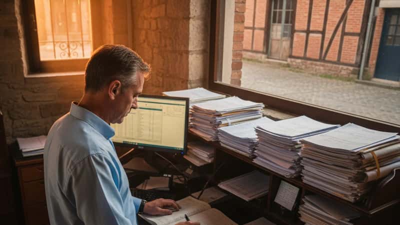 HR manager reviewing West Virginia employment law documents at a standing desk in a manufacturing plant office