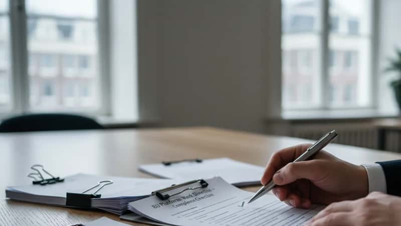Professional hands signing an EU compliance checklist on an Amsterdam law firm desk, platform work directive documents spread out with highlighted sections