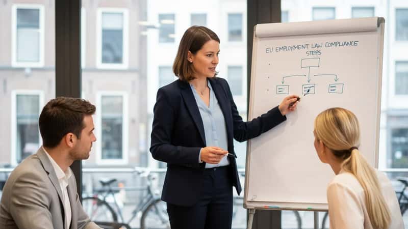 Employment law compliance briefing in The Hague conference room, a woman in a navy blazer presenting EU platform work regulation steps to attentive colleagues