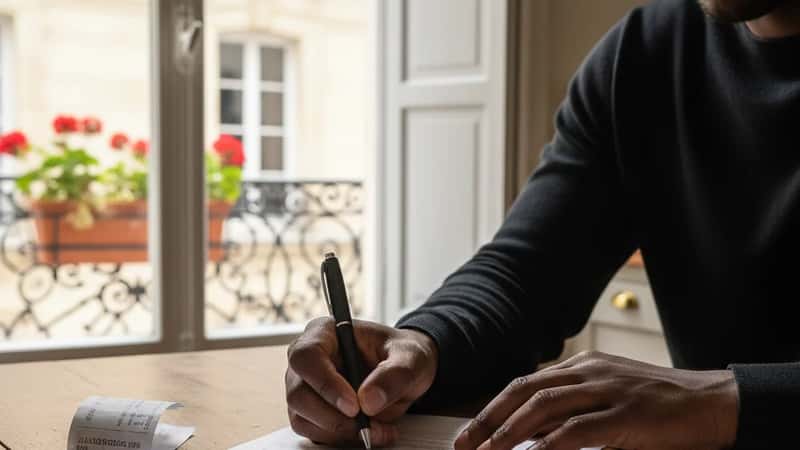 Black logistics worker filling out a Connecticut DOL wage complaint form at his kitchen table in Bridgeport