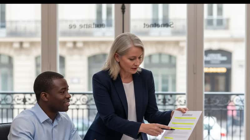 Employment attorney explaining a settlement document to a client at a Hartford Connecticut consultation table