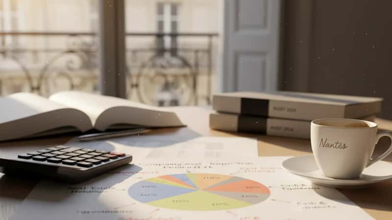 Bureau d'audit fiscal à Nantes avec tableau de composition d'actif d'une holding annoté en rouge, calculatrice et documents fiscaux