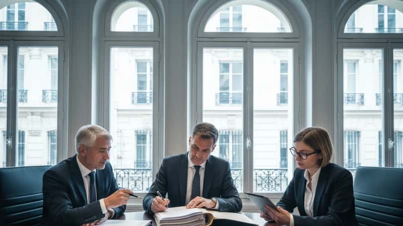 Entrepreneur français signant des documents de cession en présence de ses conseils (avocat, expert-comptable, notaire) dans une salle de réunion à Paris