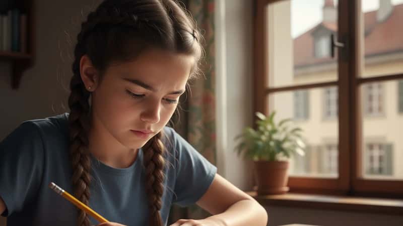 Élève de 12 ans travaillant sur un cahier de mathématiques dans une chambre d'étude à Lausanne